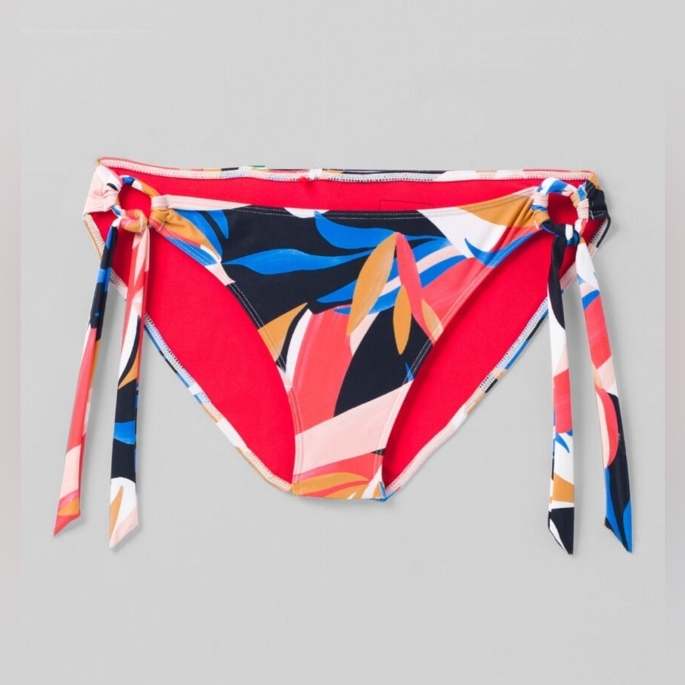 Prana Multicolor Leaf Print Tie-Side Bikini Bottoms - Red, Blue, Orange, Black